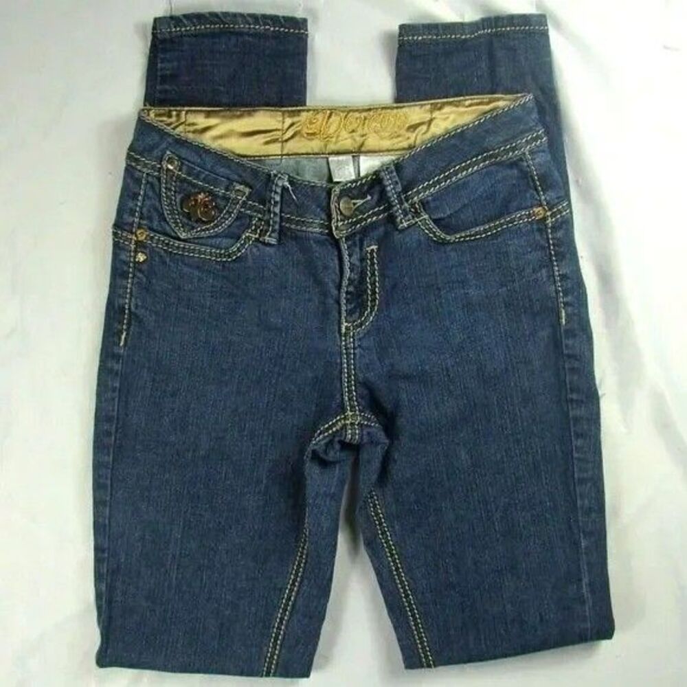 Dereon Jeans Womens Juniors 3/4 Slim Skinny Dark Wash Embellished Gold Stitch 29
